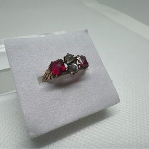 Victorian 10K Yellow Gold Moonstone & Ruby Red Paste/Glass Ring Size 5.5, Claw
